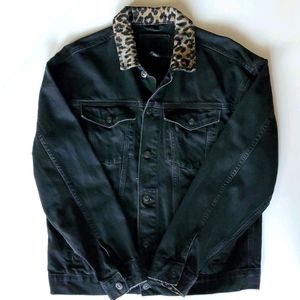 Leopard Print Collar Denim Jacket